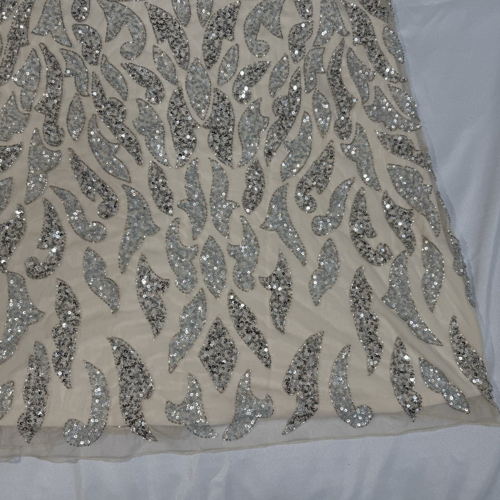 Mac Duggal Nude Silver Illusion Sheer Cap Sleeve Bead Sequin Belted Modest 5532 - Picture 10 of 16